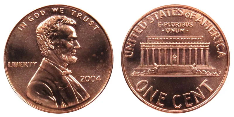 2004 Lincoln Memorial penny showing obverse and reverse, copper-plated zinc cent