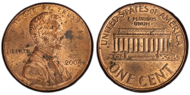 Side-by-side comparison of normal 2004 penny reverse vs 2004 DDR FS-801 doubled die reverse showing Memorial column doubling
