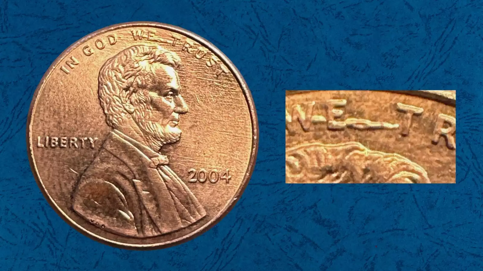 2004 penny BIE die crack error showing raised mark between B and E in LIBERTY on Lincoln cent obverse