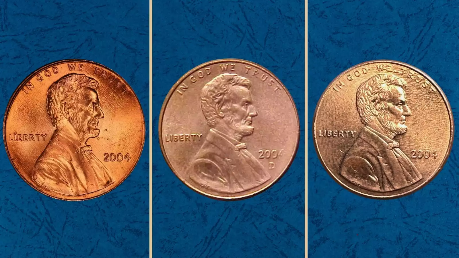 Group of 2004 Lincoln cents in various grades from worn circulated to uncirculated red, showing typical survival condition spectrum